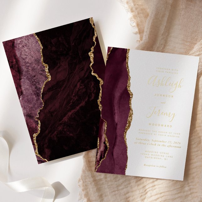 Burgundy Red Gold Agate Modern Wedding Foil Invitation (Creator Uploaded)