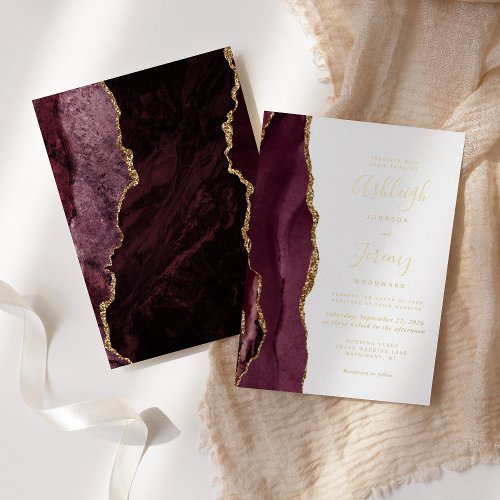 Burgundy Red Gold Agate Modern Wedding Foil Invitation