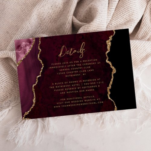 Burgundy Red Gold Agate Script Wedding Details Enclosure Card