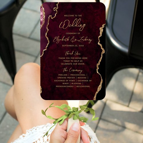 Burgundy Red Gold Agate Script Wedding Program Hand Fan