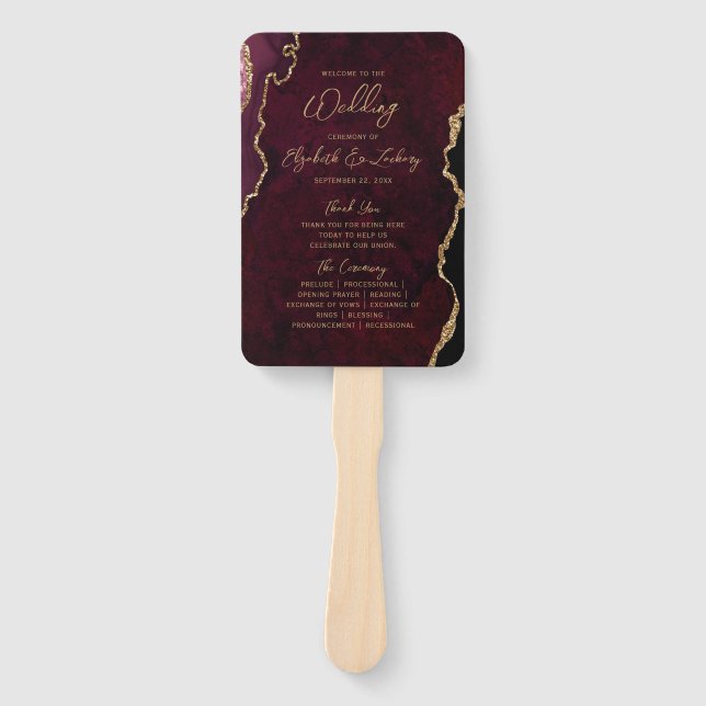 Burgundy Red Gold Agate Script Wedding Program Hand Fan (Front)
