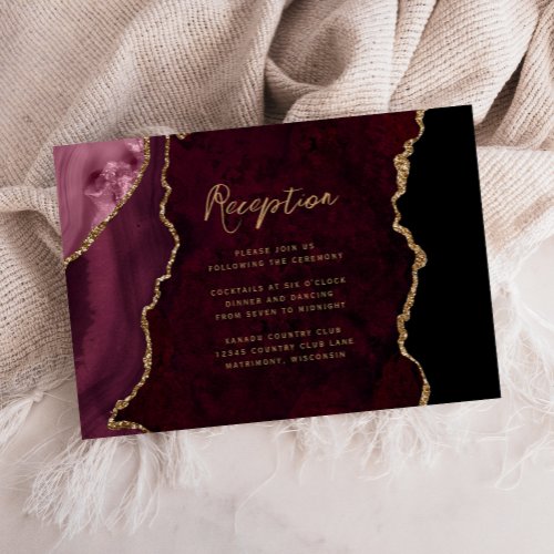 Burgundy Red Gold Agate Script Wedding Reception Enclosure Card