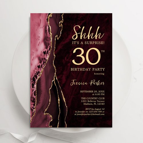 Burgundy Red Gold Agate Surprise 30th Birthday Invitation