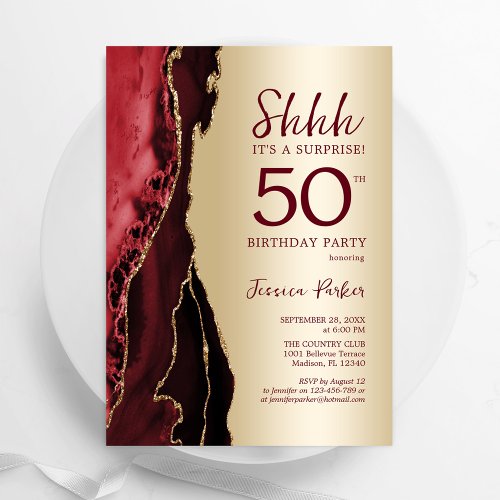 Burgundy Red Gold Agate Surprise 50th Birthday Invitation