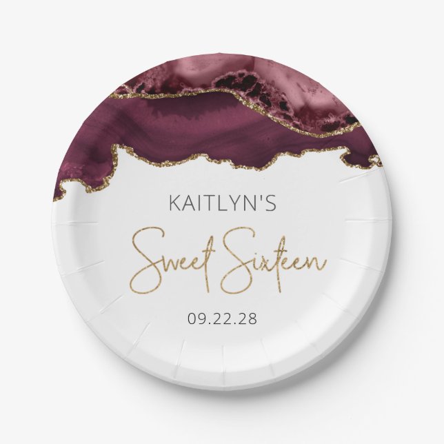 Burgundy Red Gold Agate Sweet 16 Birthday Party Paper Plates (Front)