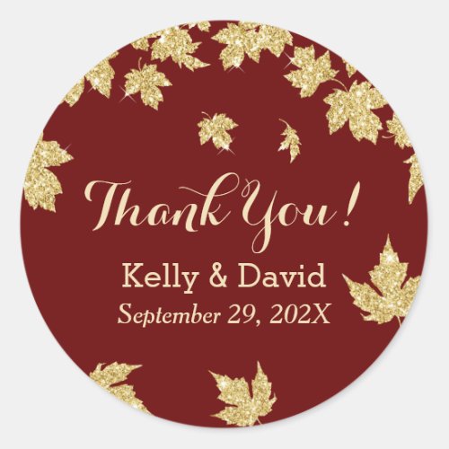 Burgundy Red  Gold Autumn Leaves Fall Wedding Classic Round Sticker