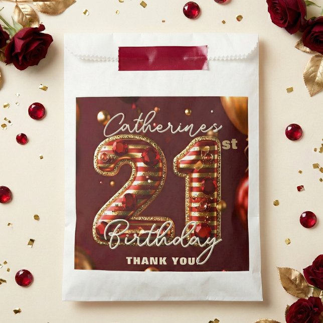 Burgundy Red Gold Balloons Gemstones 21st Birthday Favor Bag (Creator Uploaded)