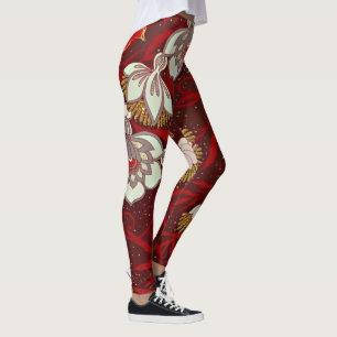 Burgundy Red Gold Bird Flowers Glitter Leggings