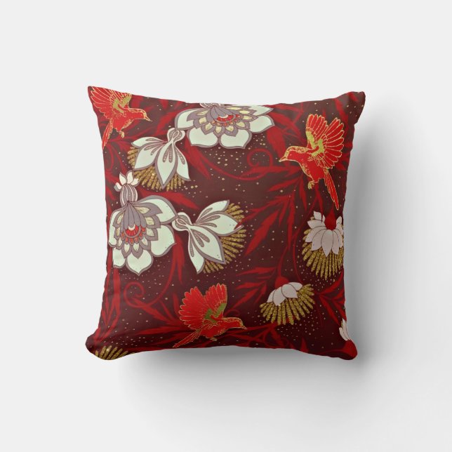 Burgundy Red Gold Bird Flowers Glitter Throw Pillow (Front)