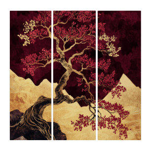 Burgundy Red& Gold Bonsai Tree Japanese Kintsugi Triptych