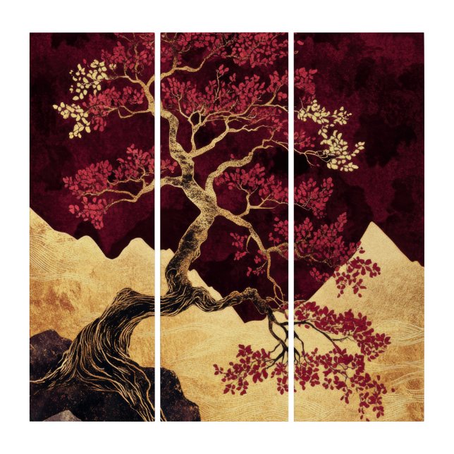 Burgundy Red& Gold Bonsai Tree Japanese Kintsugi  Triptych (Front)