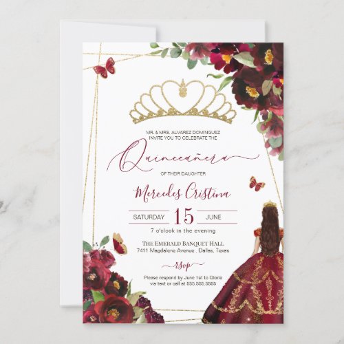 Burgundy Red Gold Butterflies Quince Birthday Invitation