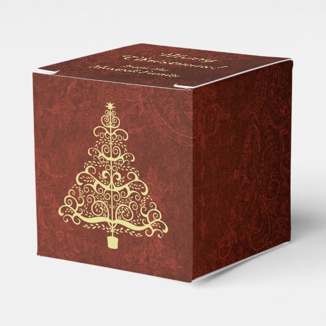 Burgundy Red Gold Christmas Tree Personalized Favor Boxes (Front Side)