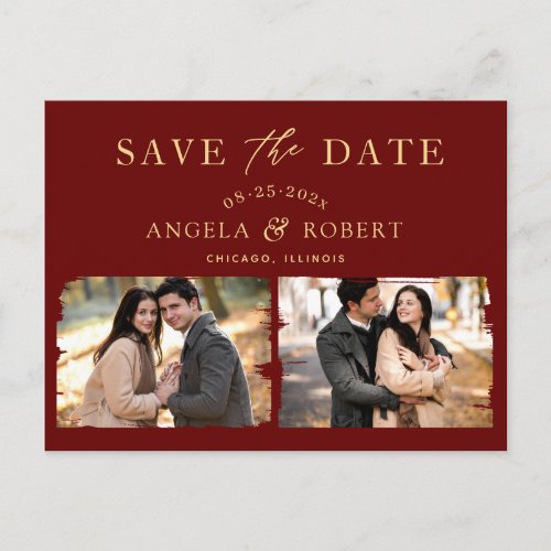 Burgundy Red Gold Classy 2 Photo Save the Date Postcard - Burgundy Red Gold Brush Stroke Frame 2 Photo Save the Date Postcard