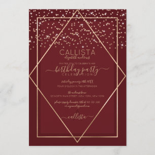 Burgundy Red Gold Confetti Border Birthday Invitation