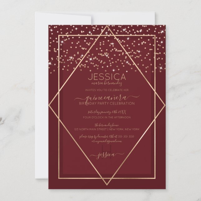 Burgundy Red Gold Confetti Border Quinceañera Invitation (Front)