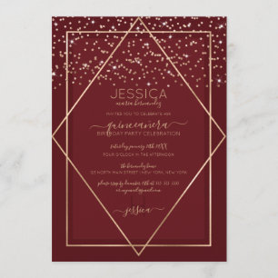 Burgundy Red Gold Confetti Border Quinceañera Invitation
