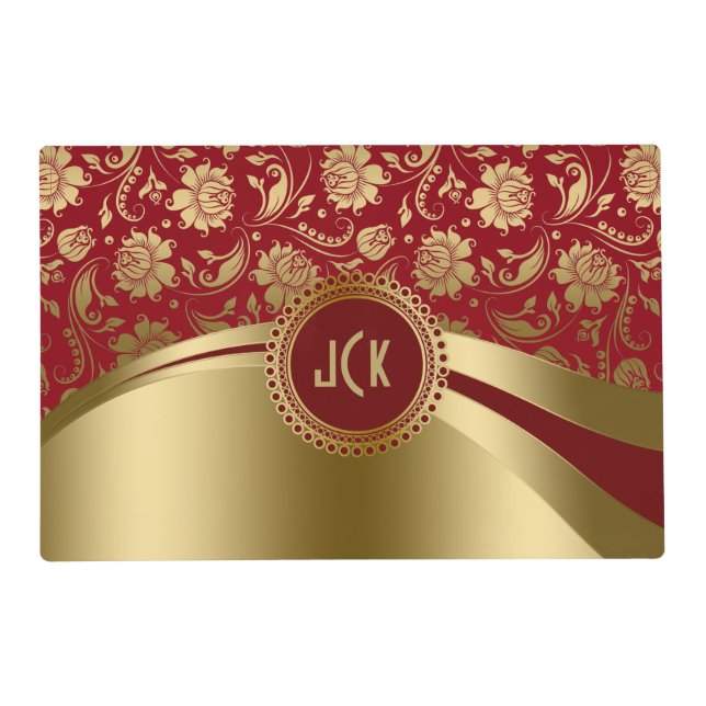 Burgundy Red & Gold Damask & Geometric Design Placemat (Front)