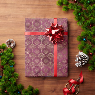 Burgundy Red Gold Damask Wrapping Paper