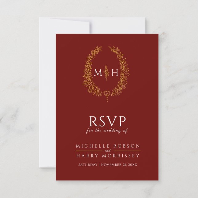 Burgundy red gold drawn leaf monogram RSVP wedding Card (Front)