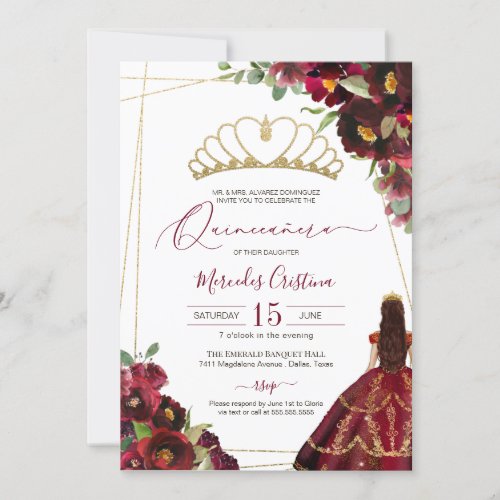 Burgundy Red Gold Elegant Floral Quince Birthday Invitation