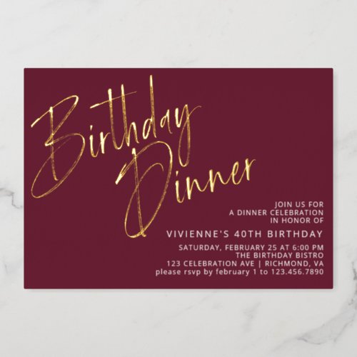 Burgundy Red  Gold Elegant Maroon Birthday Dinner Foil Invitation