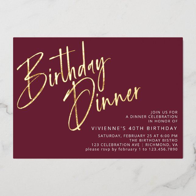 Burgundy Red & Gold Elegant Maroon Birthday Dinner Foil Invitation (Front)