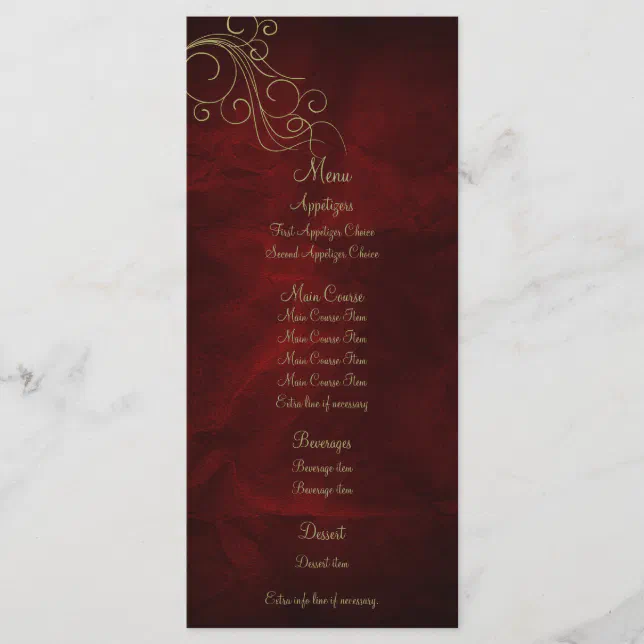 Burgundy Red Gold Elegant Wedding Menu Rack Card | Zazzle