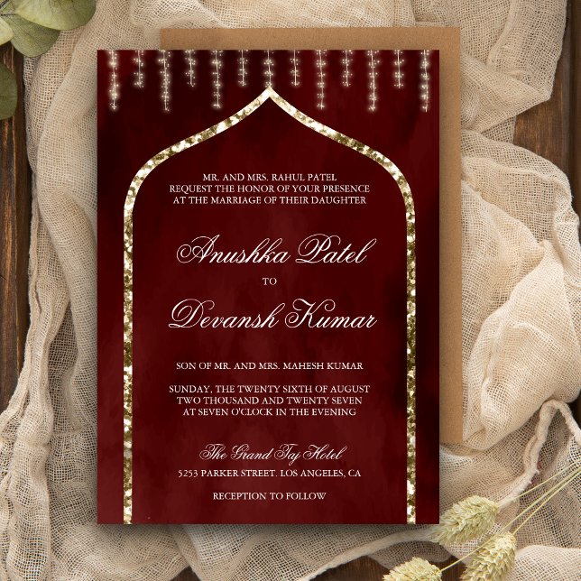 Burgundy Red Gold Ethnic Indian Arch Wedding Invitation (Creator Uploaded)