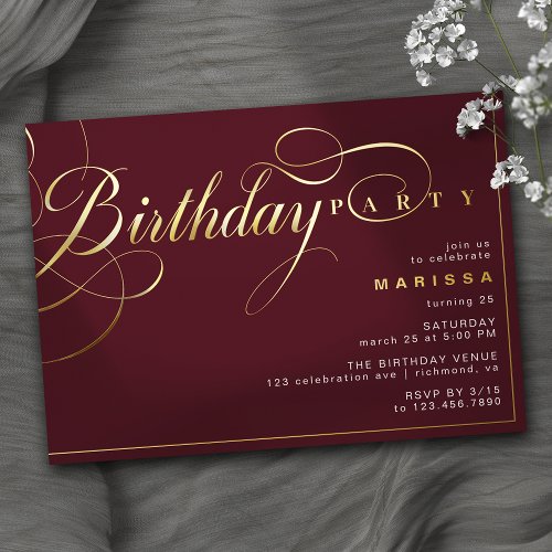 Burgundy Red  Gold  Fancy Maroon Birthday Party Foil Invitation