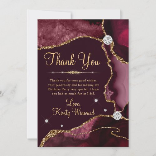 Burgundy Red  Gold Faux Glitter Agate Birthday Thank You Card