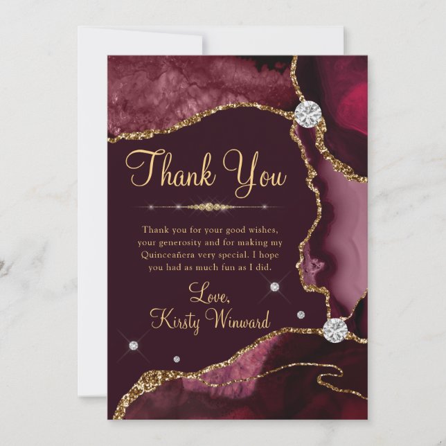 Burgundy Red & Gold Faux Glitter Agate Quinceanera Thank You Card (Front)