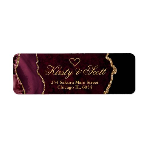 Burgundy Red  Gold Faux Glitter Agate Wedding Label
