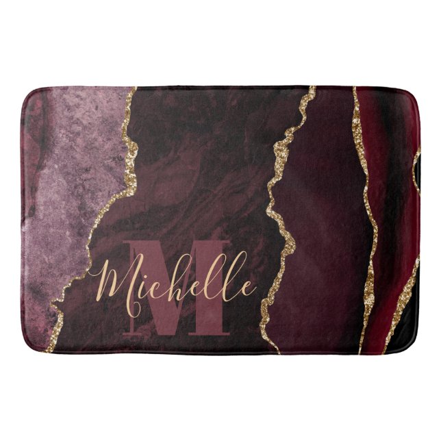 Burgundy Red & Gold Faux Glitter Marble Agate Bath Mat (Front)
