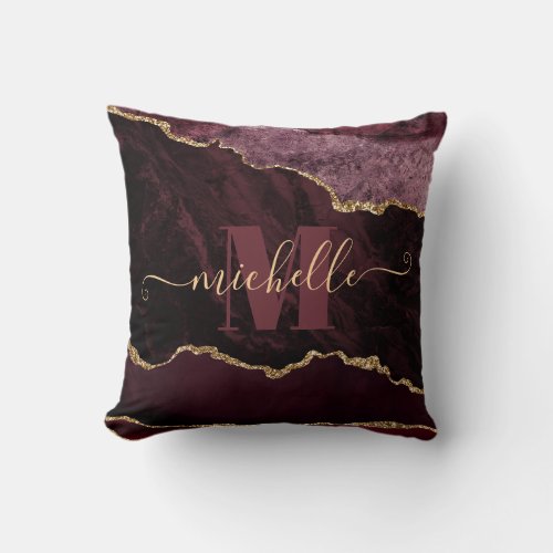 Burgundy Red  Gold Faux Glitter Marble Agate Throw Pillow