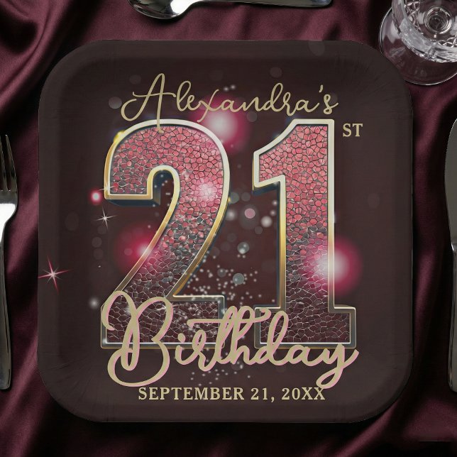 Burgundy Red Gold Faux Sequin 21st Birthday Party Paper Plates (Creator Uploaded)