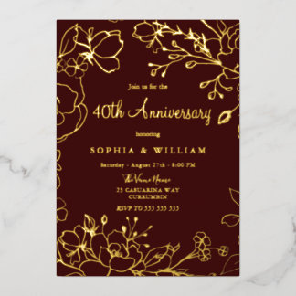 Burgundy Red Gold Floral 40th Wedding Anniversary Foil Invitation