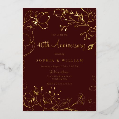 Burgundy Red Gold Floral 40th Wedding Anniversary Foil Invitation