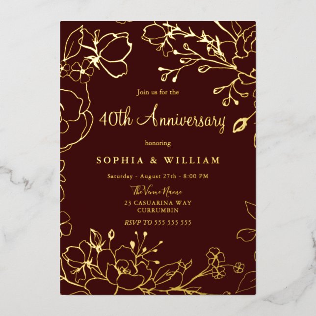 Burgundy Red Gold Floral 40th Wedding Anniversary Foil Invitation (Front)