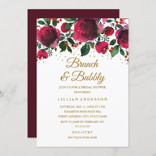 Burgundy Red Gold Floral Brunch And Bubbly Invitation