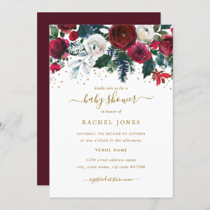 Burgundy Red Gold Floral Christmas Baby Shower Invitation