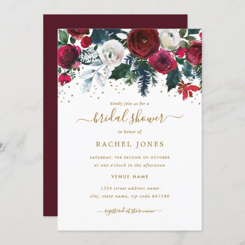 Burgundy Red Gold Floral Christmas Bridal Shower Invitation