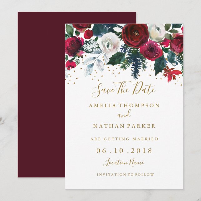 Burgundy Red Gold Floral Christmas Save The Date Invitation (Front/Back)