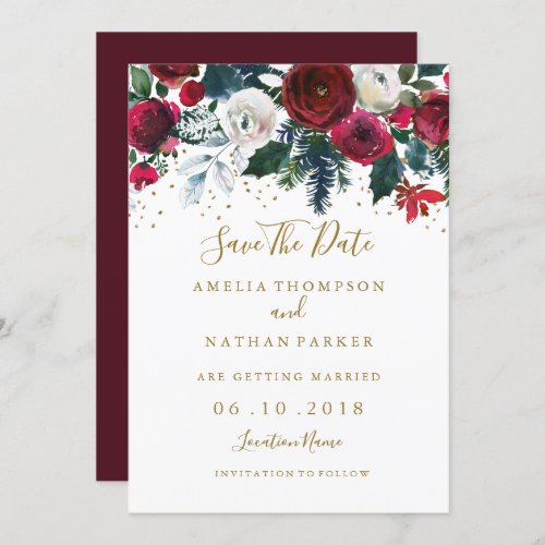 Burgundy Red Gold Floral Christmas Save The Date Invitation