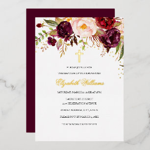 Burgundy Red Gold Floral Cross Girl Baptism  Foil Invitation