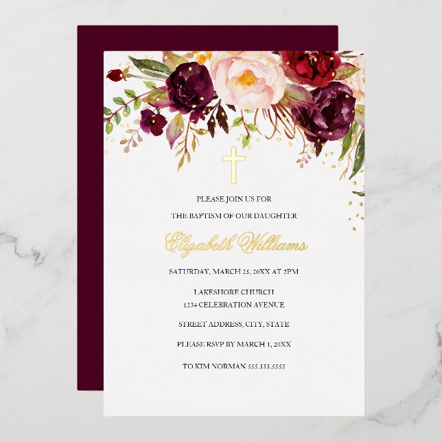 Burgundy Red Gold Floral Cross Girl Baptism  Foil Invitation (Front/Back)