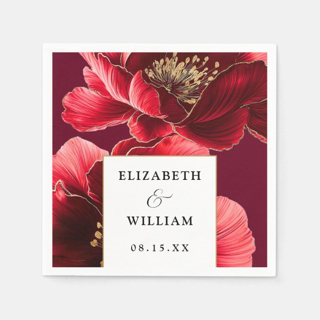 Burgundy Red Gold Floral Elegant Modern Wedding Napkins (Front)