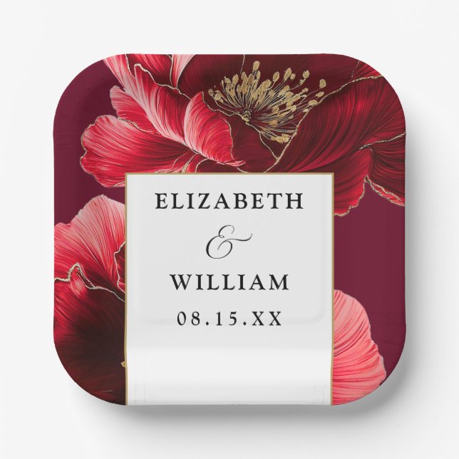Burgundy Red Gold Floral Elegant Modern Wedding Paper Plates (Front)