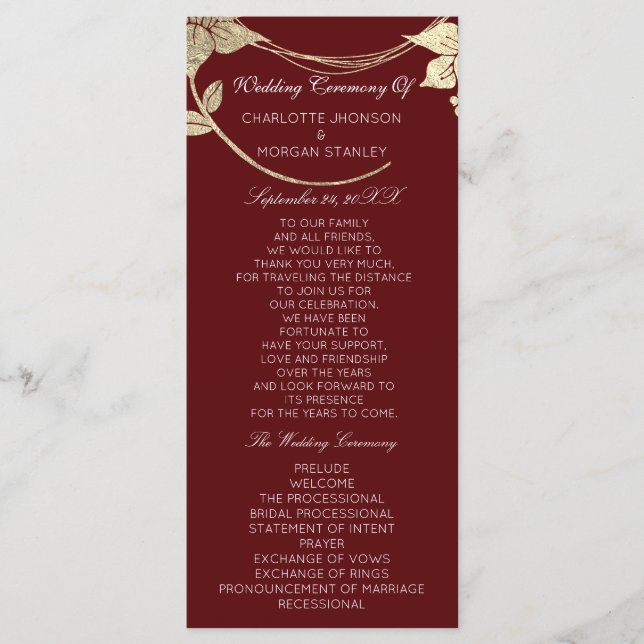 Burgundy Red  Gold Floral Event Wedding Program1 Program (Front)