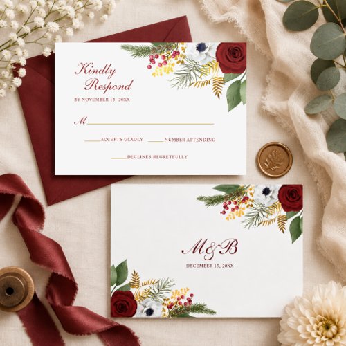 Burgundy Red & Gold Floral Monogram Script Wedding RSVP Card